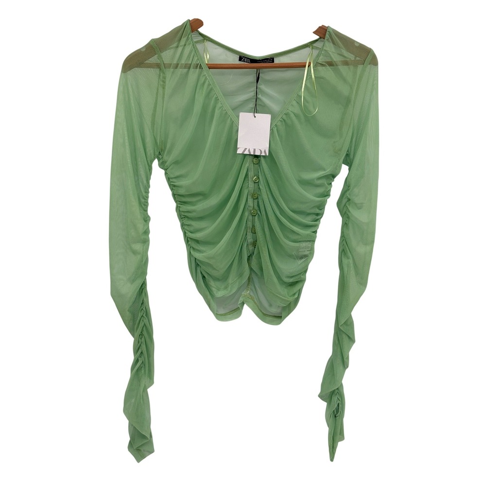 Zara Top Sheer Women Medium Green‎ Ruched Tulle Long Sleeve V Neck Button New